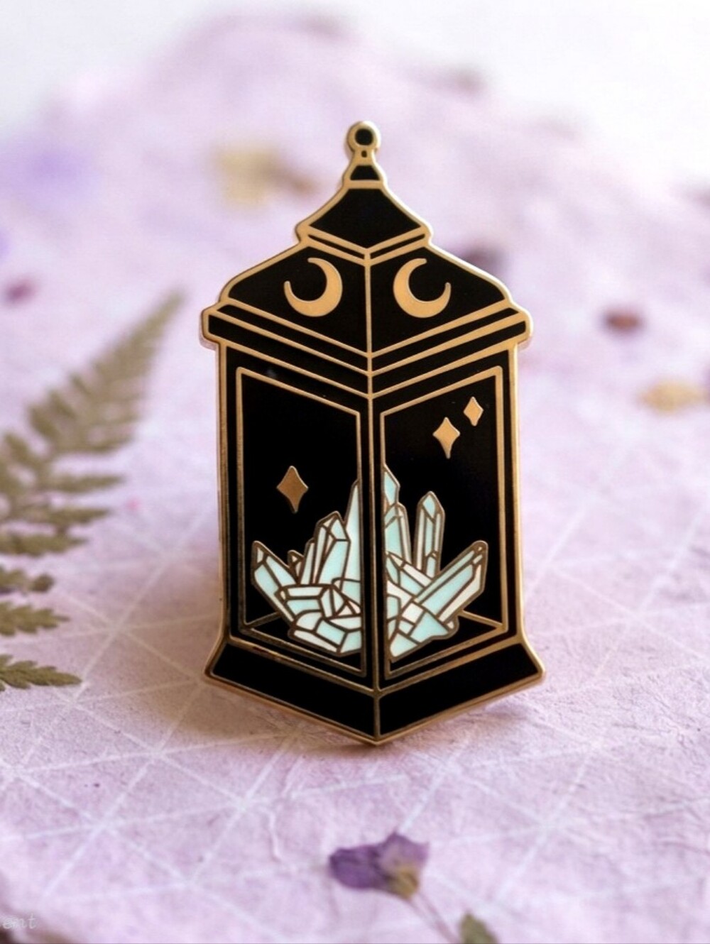 Witchy Black Gold Crystal Lantern Pin: Celestial Moon Cutouts Glowing Geode